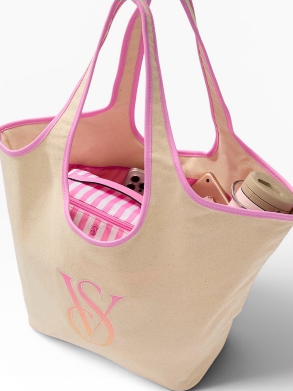 NWT Victoria's Secret Cream Canvas Tote with Pink Trim